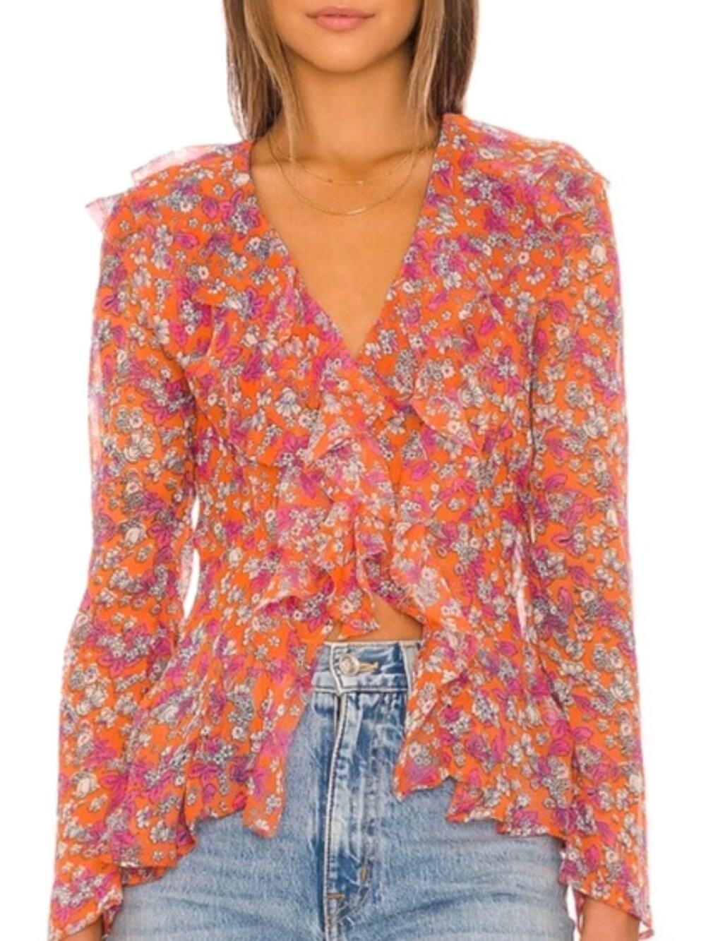 NWT Free People Nina Orange Floral Ruffle Long Sleeve Blouse Medium Boho Luxe